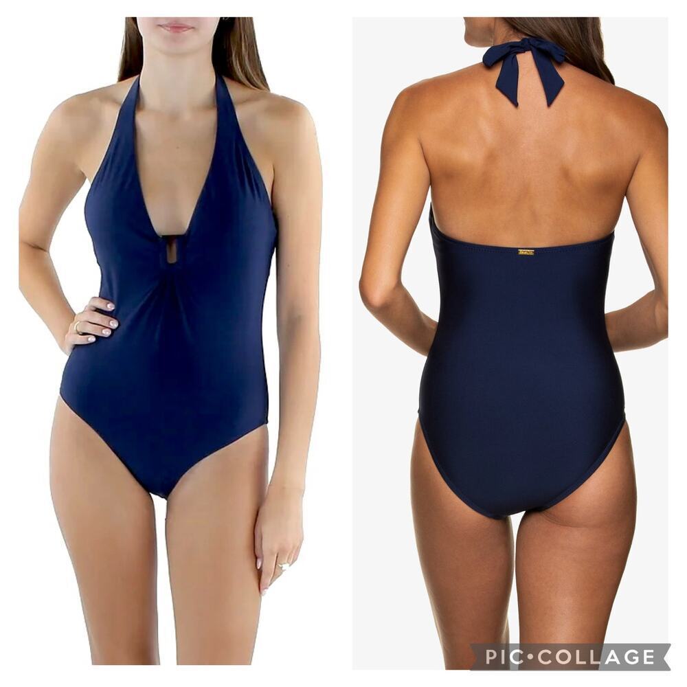 EUC HELEN JON Plunge Tortoise Accent One Piece Halter Women's Sz‎ XL